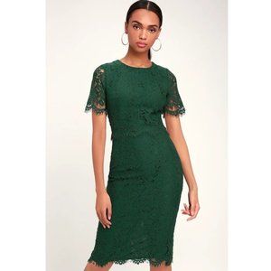 Lulus Devotion Forest Green Lace Short Sleeve Midi Dress NWT